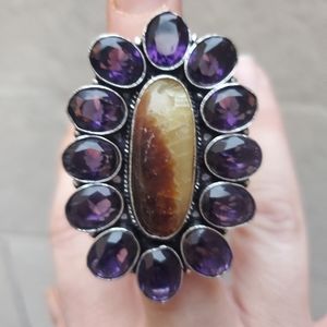 New Huge Septarian (aka Dragon Stone) Amethyst 925 Silver Statement Ring.